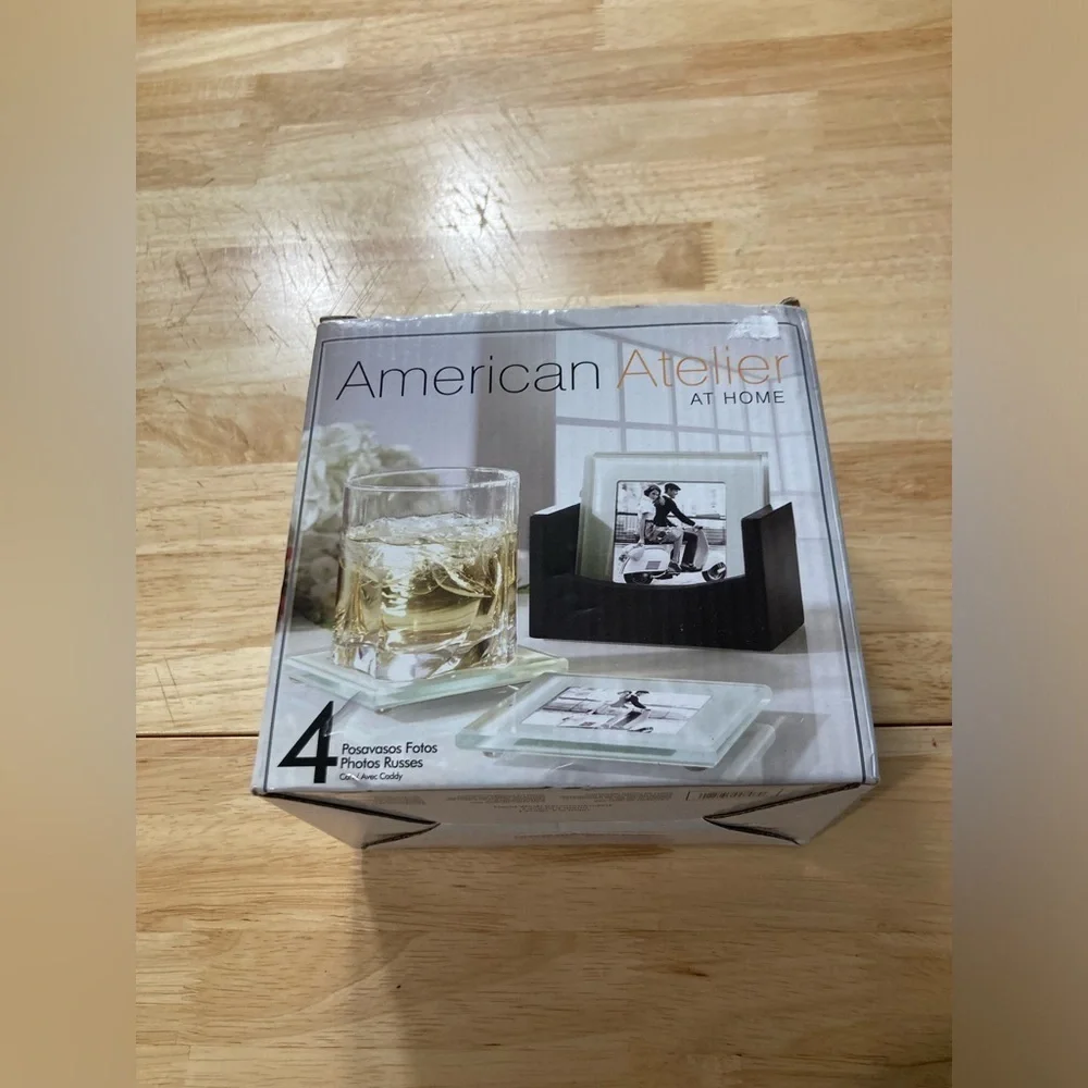 American Atelier home 4 photo coasters with caddy. Brand new in box